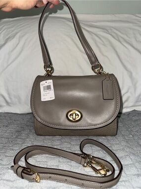 Coach Faye Gray Leather Turnlock Shoulder Bag with Gold Hardware